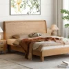 Natural ash wood platform bed frame with tall headboard in a master bedroom