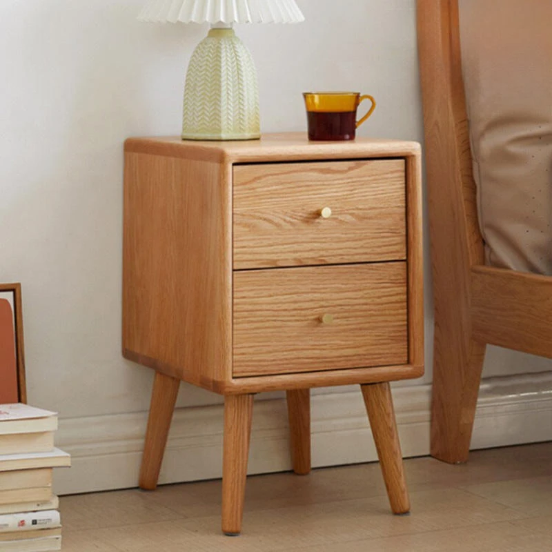 Natural oak 2 drawer nightstand bedside table with lamp in bedroom