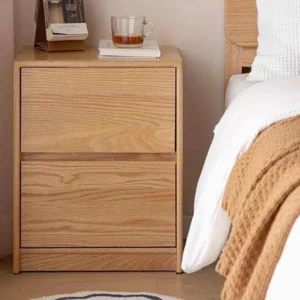 natural-oak-2-drawer-nightstand-handle-free-front Natural oak two-drawer nightstand front view with handle-free drawer fronts