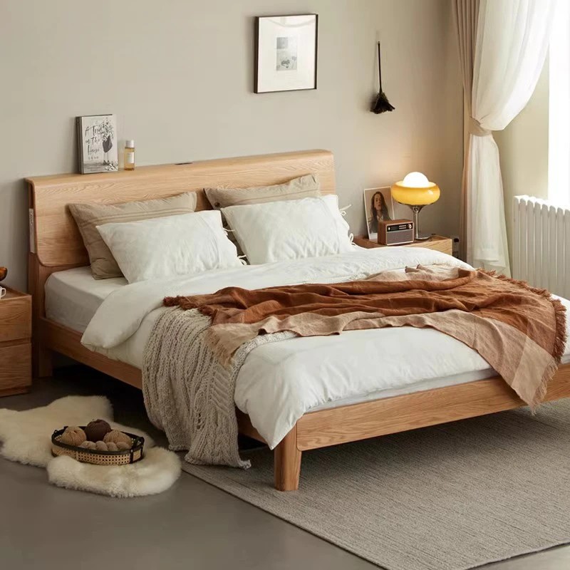 Natural oak platform bed with curved headboard storage product front view