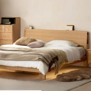 Natural oak platform bed with USB charging headboard in a bedroom lifestyle scene