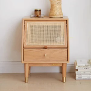 Natural Oak Rattan Nightstand with Flip Top and Drawer