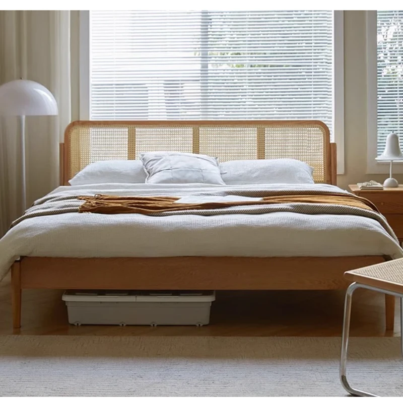Natural oak rattan headboard platform bed frame with solid wood legs