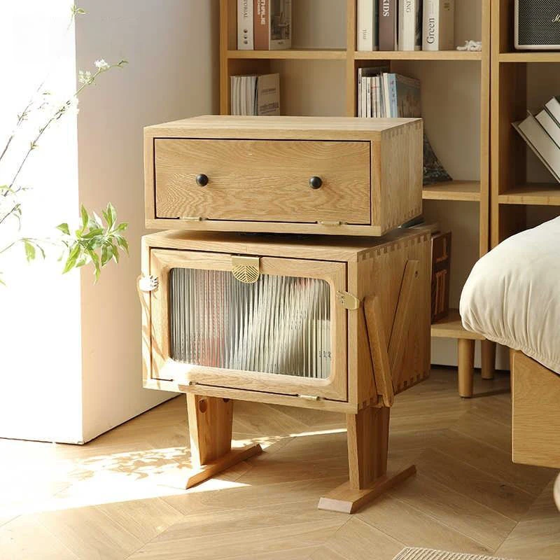 natural-oak-stacking-nightstand-glass-door-cabinet Natural oak stacking nightstand with glass door cabinet and drawer box in a styled bedroom