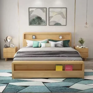 natural-oak-storage-bed-headboard-footboard-shelf Natural oak storage bed with open headboard and footboard shelves in a bright bedroom