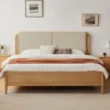 natural-oak-upholstered-headboard-platform-bed-frame Upholstered headboard platform bed in natural oak styled in a bright bedroom