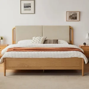 natural-oak-upholstered-headboard-platform-bed-frame Upholstered headboard platform bed in natural oak styled in a bright bedroom