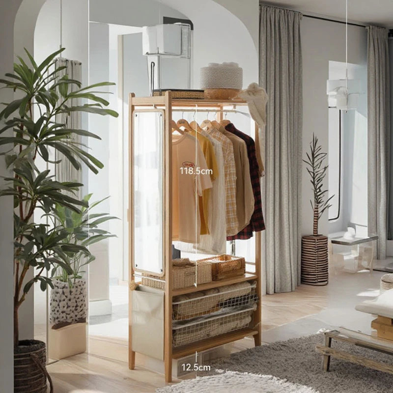 natural-wood-open-wardrobe-clothes-rack-with-mirror Natural wood open wardrobe clothes rack with full length mirror