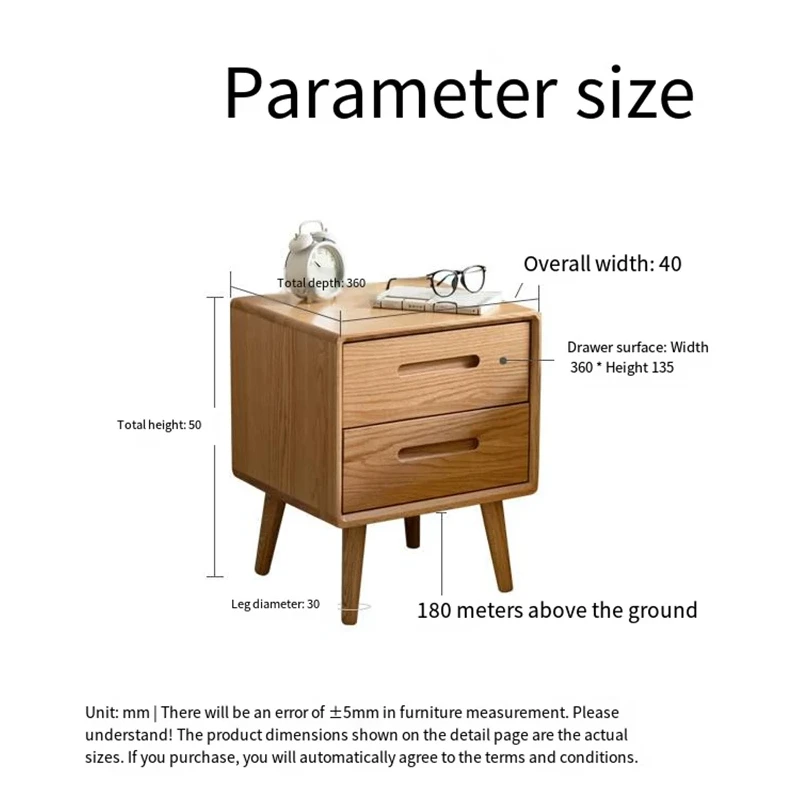 Oak two-drawer nightstand parameter size measurement drawing