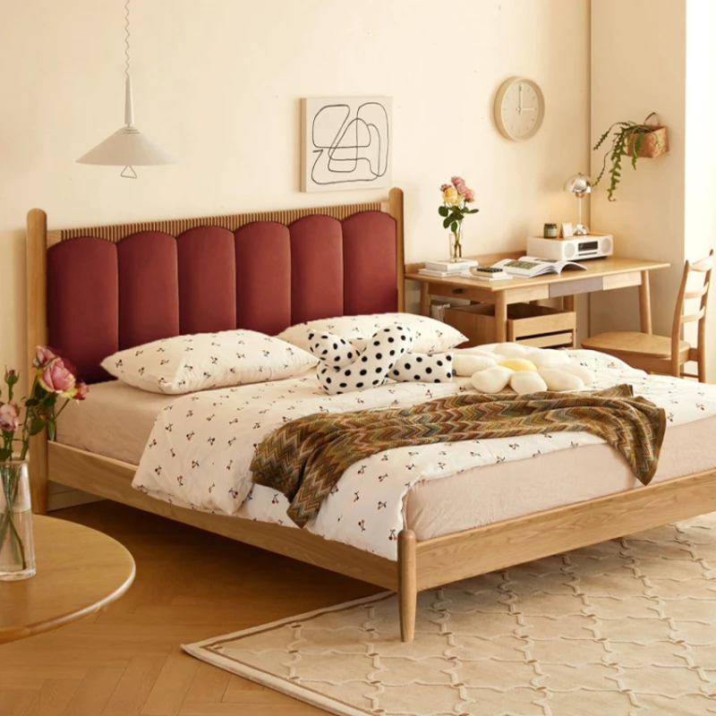 oak-bed-arch-upholstered-headboard-red-bedroom Oak bed with arch upholstered headboard in a bold red bedroom