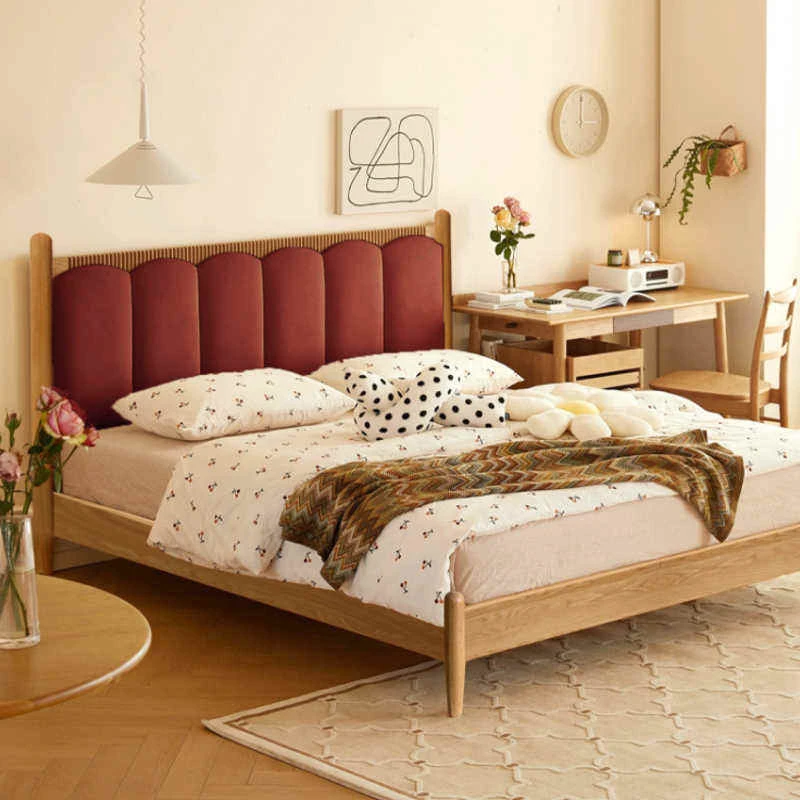 oak-bed-burgundy-upholstered-headboard-scene Oak upholstered bed with burgundy headboard in a warm lifestyle bedroom scene