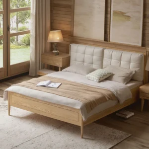 oak-bed-cushion-headboard-lifestyle-scene Oak spindle platform bed with cushioned headboard in a cozy lifestyle bedroom scene
