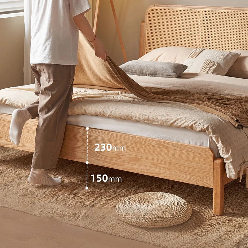 oak-bed-footboard-height-measurement-detail Oak Platform Bed with Woven Rattan Headboard