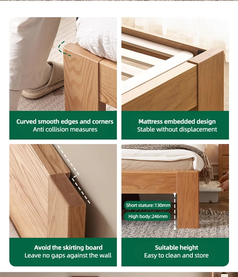 Oak bed frame corner and skirting board friendly rounded details