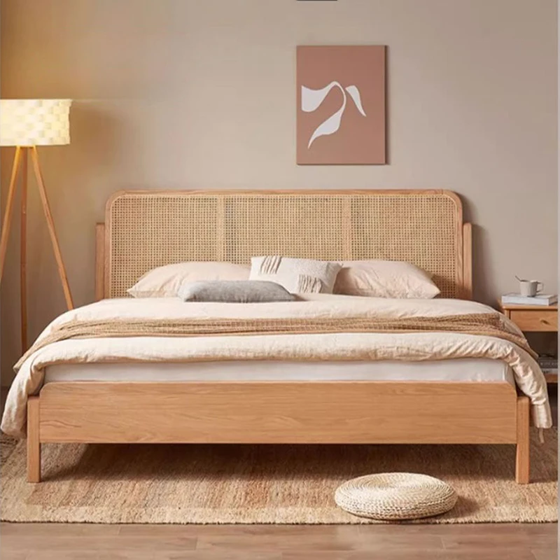 oak-bed-frame-rattan-headboard-front-view Oak bed frame with rattan headboard front view showing woven detail