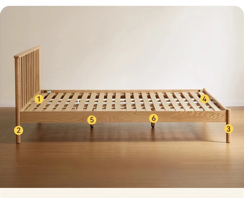 Oak bed frame side view with structure parts and joinery labeled