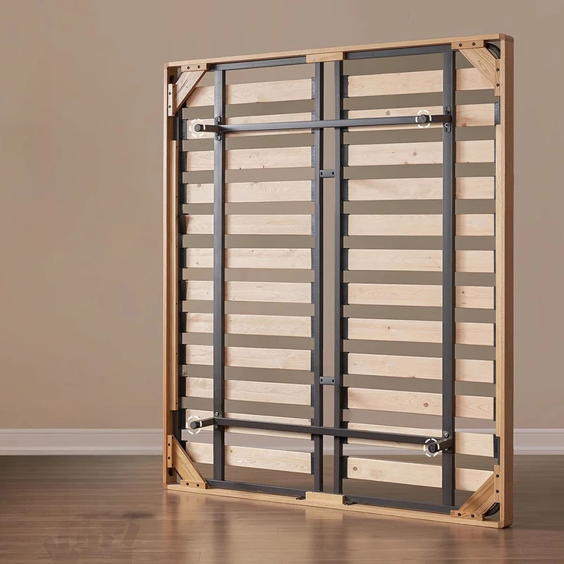 Rear view of oak bed frame slatted base with metal support structure
