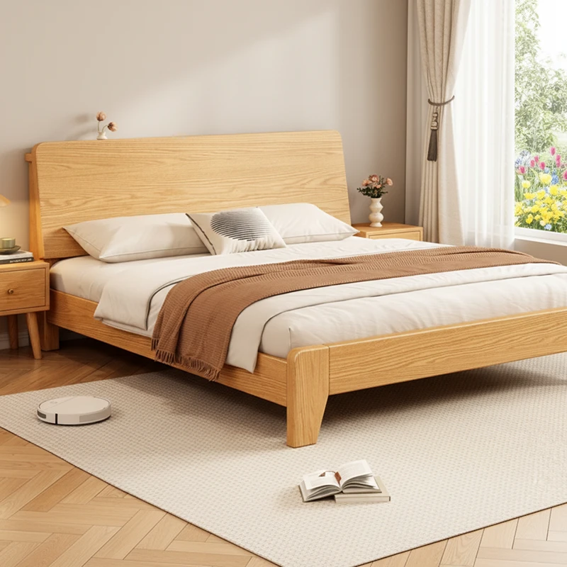 Oak bed frame sloped headboard side view showing solid wood profile