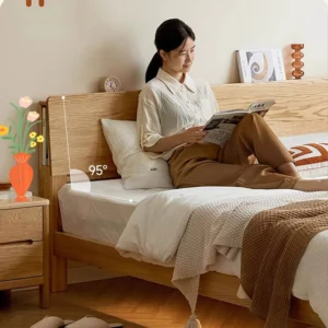 Oak platform bed with storage headboard at 95 degrees in a lifestyle scene