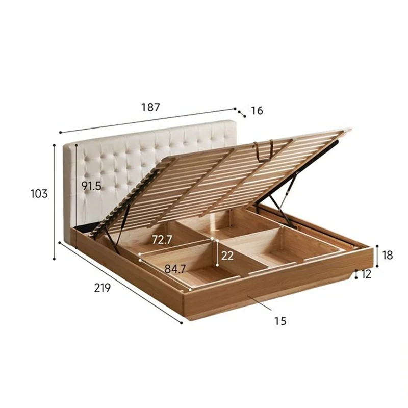 Oak gas lift storage bed with cream tufted headboard dimension diagram