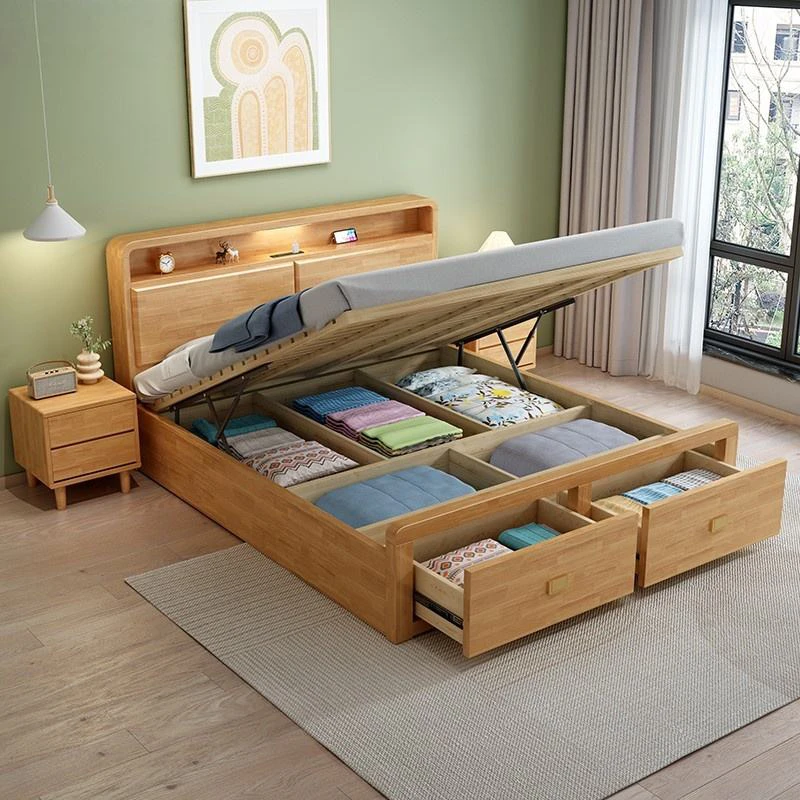 Oak gas lift storage bed with large underbed storage space revealed