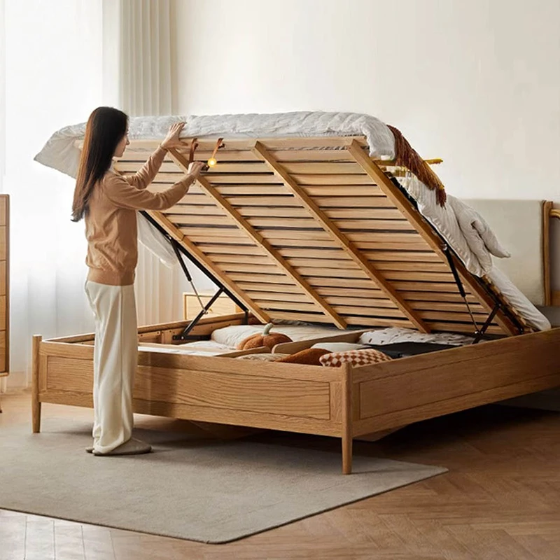 oak-gas-lift-storage-bed-underbed-storage Oak gas lift storage bed with underbed storage compartment open