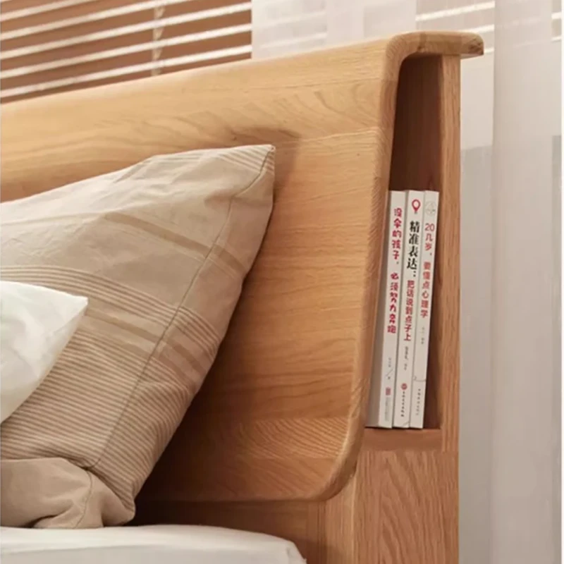 Oak headboard side bookshelf storage detail with books displayed