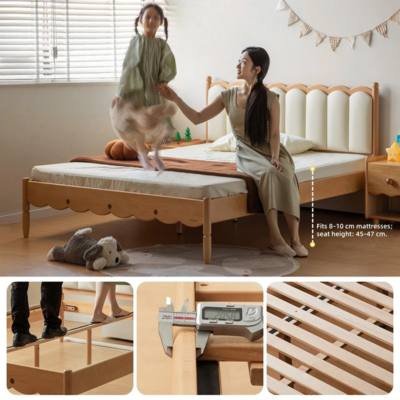Oak kids bed with cream upholstered headboard in a bright lifestyle bedroom scene