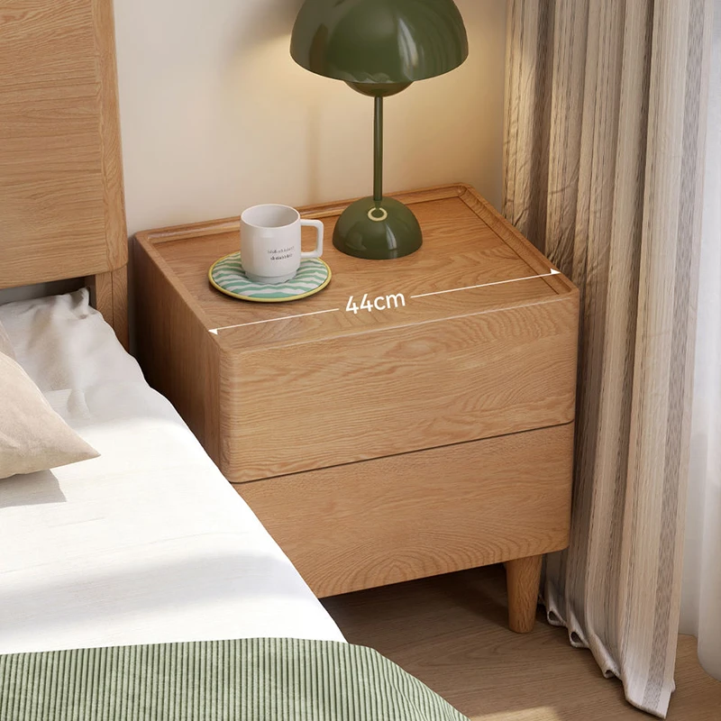 oak-nightstand-bedroom-scene-44cm-width Oak nightstand in a bedroom scene with a 44cm width dimension overlay