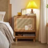 oak-nightstand-cane-door-open-shelf-front-view Oak nightstand cane door open with shelf storage front view
