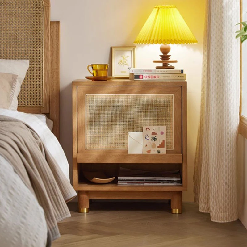 oak-nightstand-cane-door-open-shelf-front-view Oak nightstand cane door open with shelf storage front view