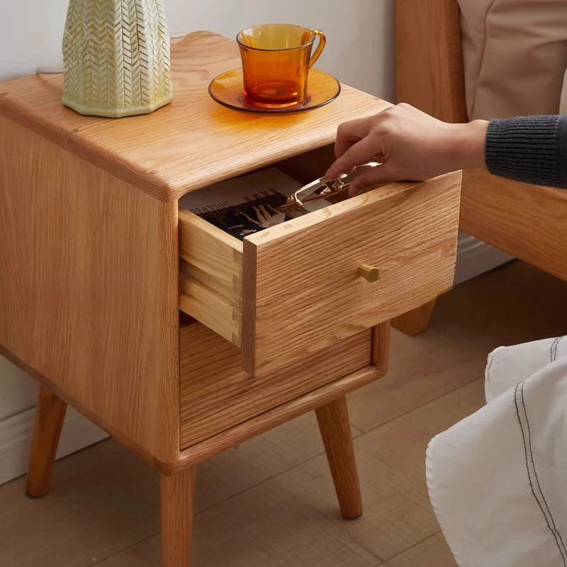 Oak nightstand open drawer storage with dovetail joint detail