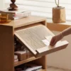 oak-nightstand-rattan-flip-down-door-open Oak nightstand rattan flip-down door open detail with woven cane panel