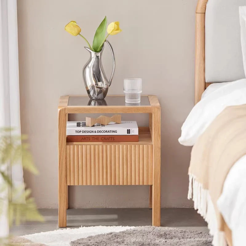 Oak nightstand tempered glass top corner close-up detail