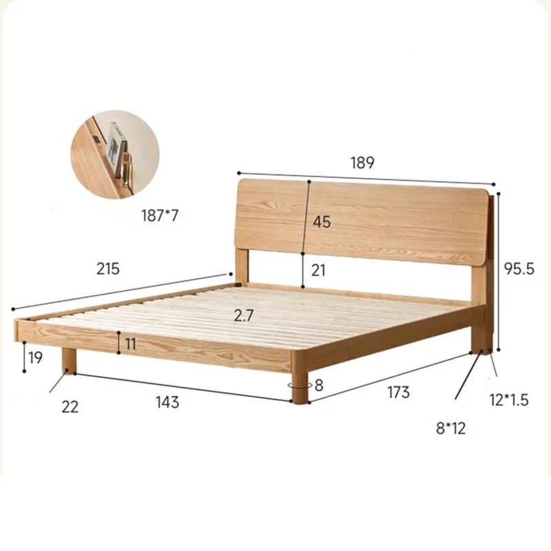 oak-platform-bed-dimensions-diagram Oak platform bed dimensions diagram with length, width and height labels