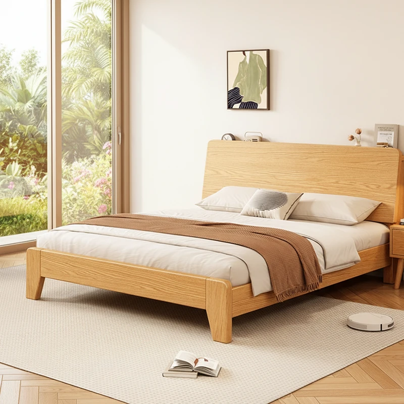 Oak platform bed frame in a bright bedroom scene with garden view window