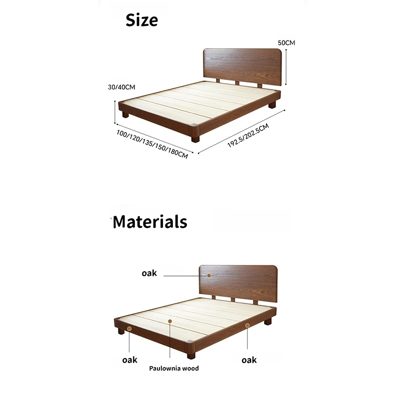 oak-platform-bed-size-and-materials-diagram Platform bed size chart and materials diagram listing oak frame parts and paulownia slats