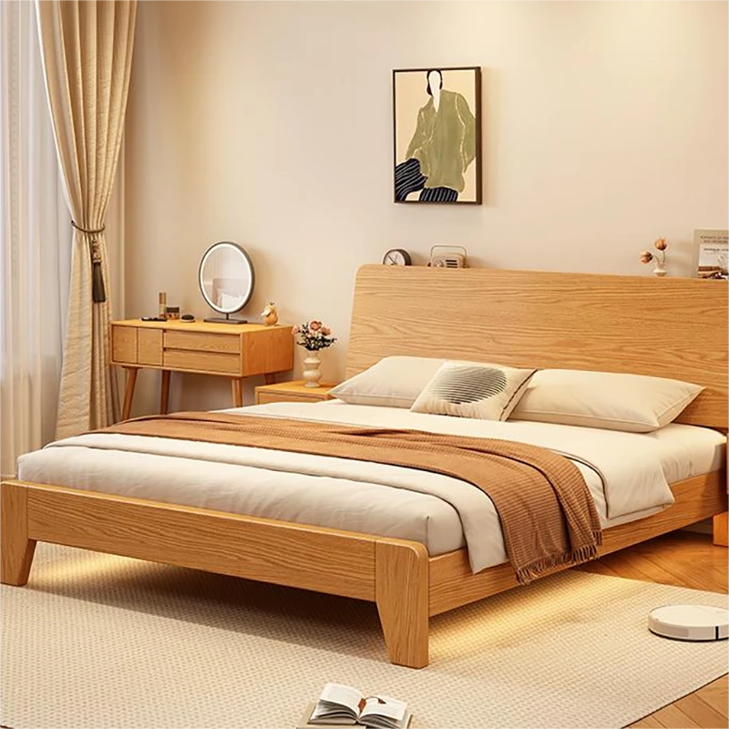 oak-platform-bed-sloped-headboard-side-view Oak platform bed sloped headboard side view showing low profile frame