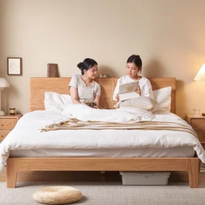 oak-platform-bed-usb-charging-lifestyle-scene LED headboard platform bed in natural oak with USB charging in a lifestyle scene