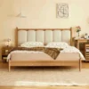 oak-platform-bed-white-channel-headboard-front-view Oak platform bed with white channel stitched headboard front view