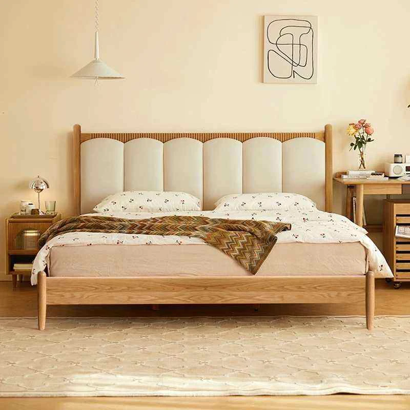 oak-platform-bed-white-channel-headboard-front-view Oak platform bed with white channel stitched headboard front view