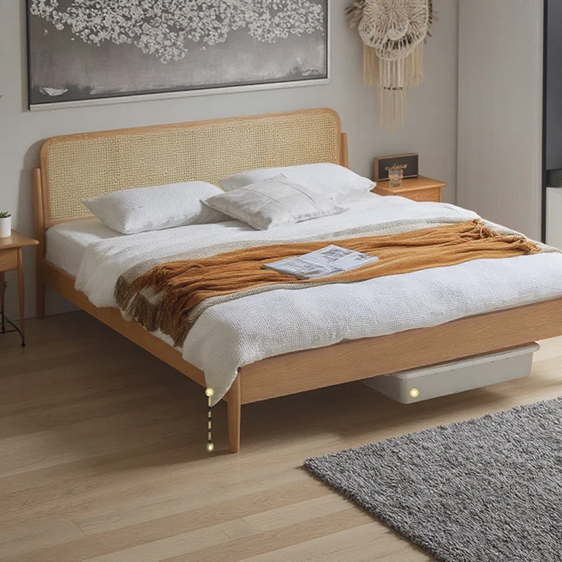 Oak rattan headboard bed in a bright bedroom lifestyle scene with natural textures