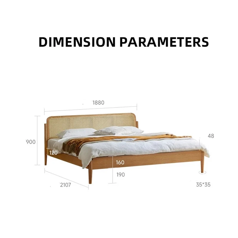 Oak rattan headboard bed dimension parameters with size annotations