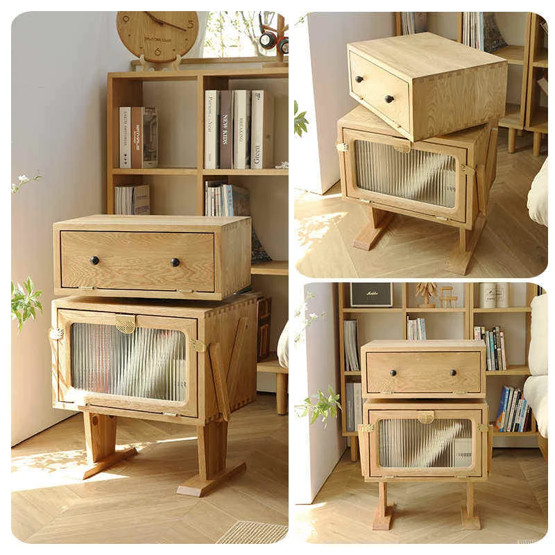 oak-stacking-nightstand-multi-angle-display Oak stacking nightstand shown from several angles with glass door cabinet and drawer