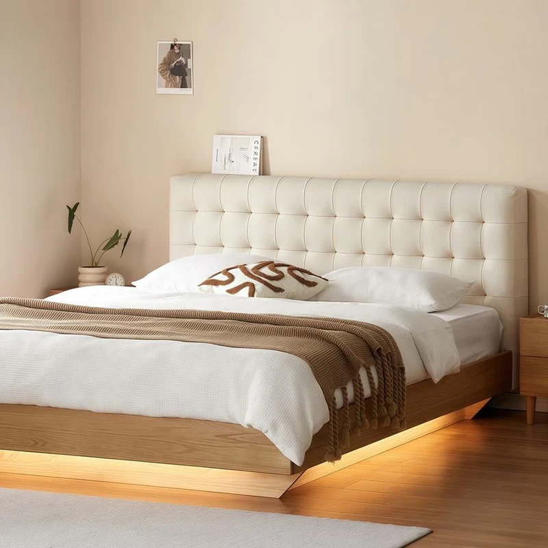 Oak storage bed dimensions diagram showing tufted headboard measurements