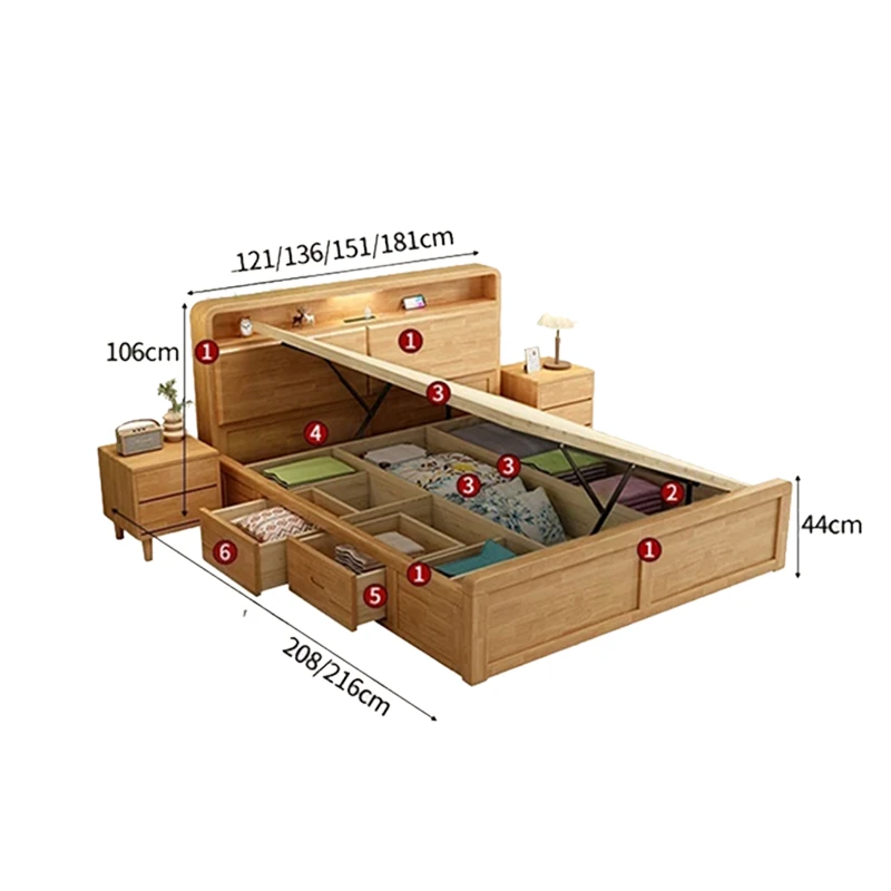 Oak storage bed dimensions measurement diagram with labeled sizes