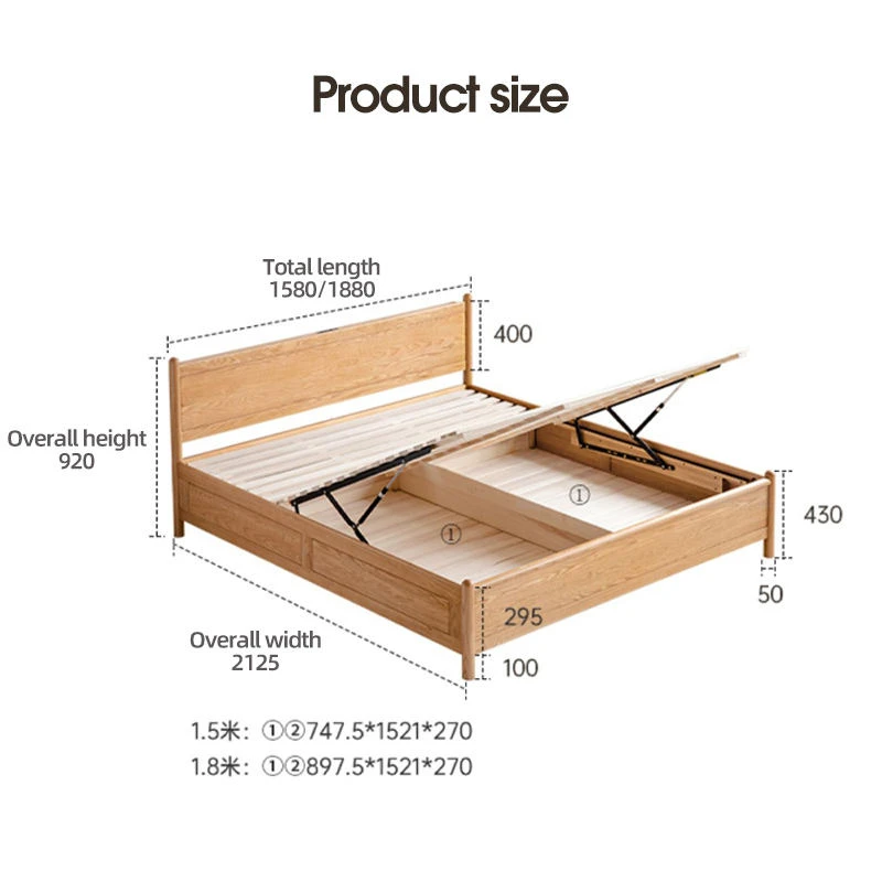 Oak storage bed product size dimensions chart with full bed measurements
