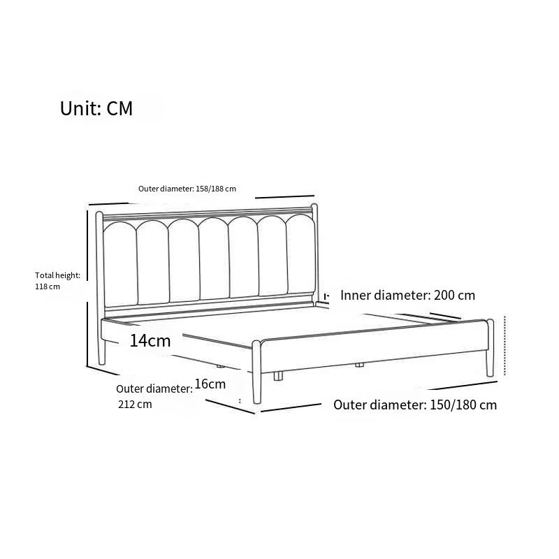 oak-upholstered-headboard-bed-dimensions-drawing Oak upholstered headboard bed dimensions drawing with size markings