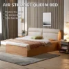 Solid oak air storage queen bed with cream upholstered headboard in a modern bedroom