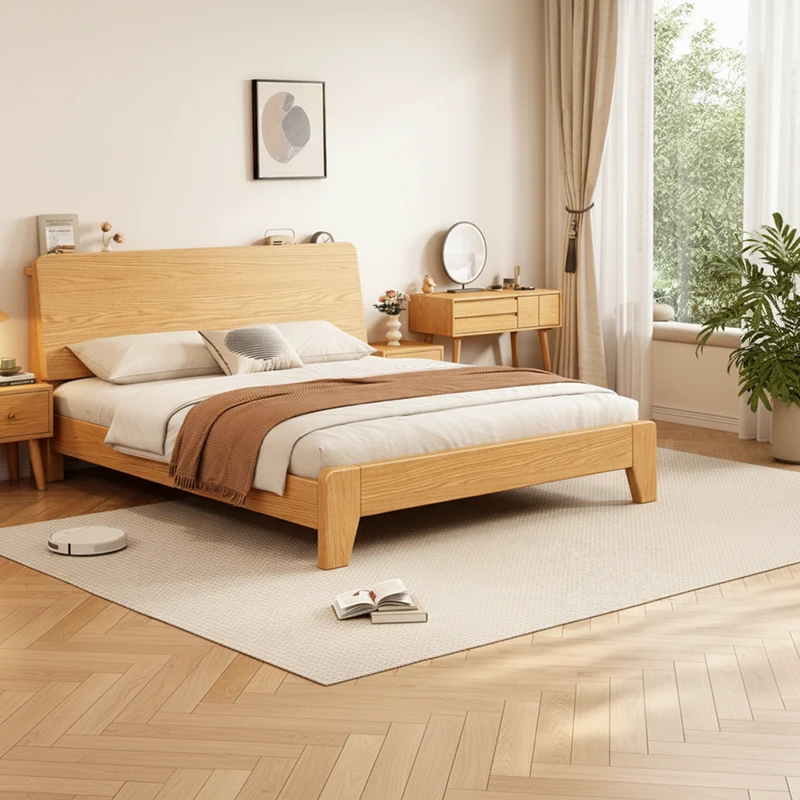 solid-oak-platform-bed-frame-bedroom-lifestyle-scene Solid oak platform bed frame with sloped headboard in a lifestyle bedroom scene